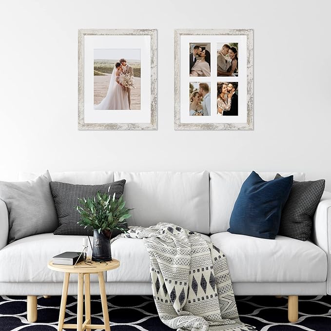 11x14 Picture Frame Set of 4, Made of Glass and Distressed White Wooden Frame, Display 8x10 Pictures with Mat or 11 x 14 Posters without Mat for Wall Mounting, Gallery Photo Frames