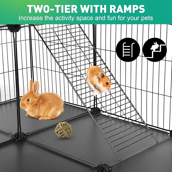 VISCOO 41 Panels Pet Playpen, 35.4" x 23.6" x 23.6" Small Animal Playpen | Rabbit Cage for Guinea Pigs,Bunny,Hedgehogs, with 2 Doors, Puppy Play Pen Indoor Outdoor, Two-Story C&C Cage