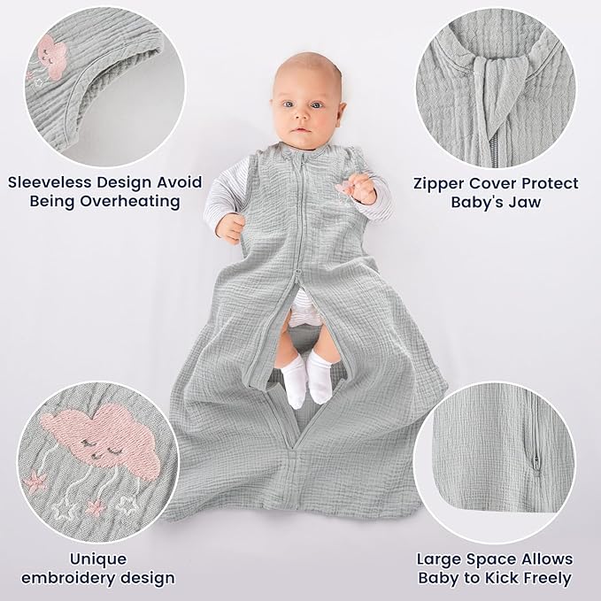 PHF 100% Muslin Cotton Baby Sleep Sack, 12-18 Months Baby Wearable Blanket with 2-Way Zipper, 2 Pack Soft Breathable Cooling 0.5 TOG Large Size Sleeveless Sleeping Bag for Boys/Girls, Clouds