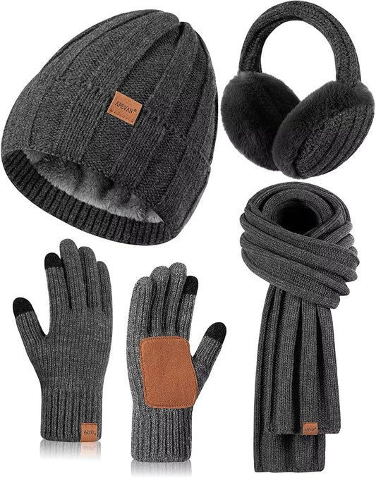 Winter Hat Gloves Scarf Earmuffs Set for Women, Fleece Lined Beanie Long Scarf Touchscreen Gloves Ear Warmer, 4 in 1 Gift Set