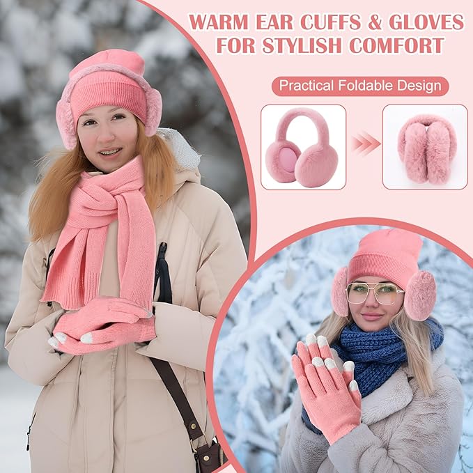 Geyoga 6 Pcs Women Winter Beanie Hat Scarf Gloves Ear Muffs Fuzzy Socks Set, Touchscreen Gloves for Thermal Gift Cold Weather