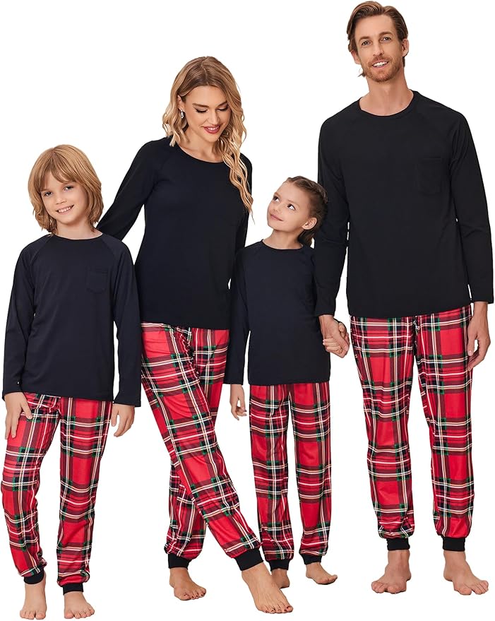Ekouaer Family Matching Pajamas Christmas Sleepwear Long Sleeve Sleep Shirt with Plaid Pants Soft Loungewear Pjs Set S-XXL