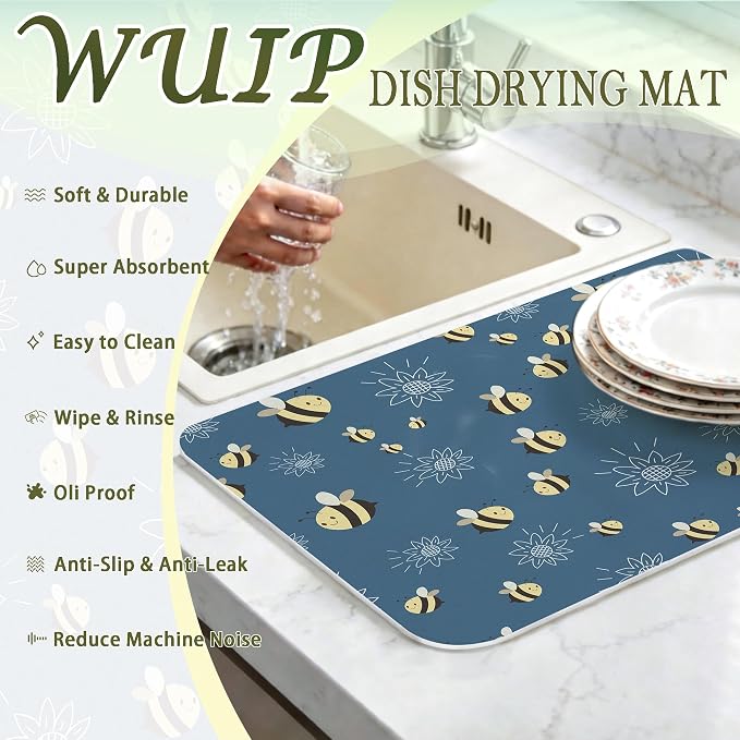 Bee Dish Drying Mats for Kitchen Counter, Bee Lovers Gifts, Cute Navy Blue Floral Honeybee Absorbent Reversible Coffee Bar Mat Drying Pad for Kitchen Decor, 12x15 Inch