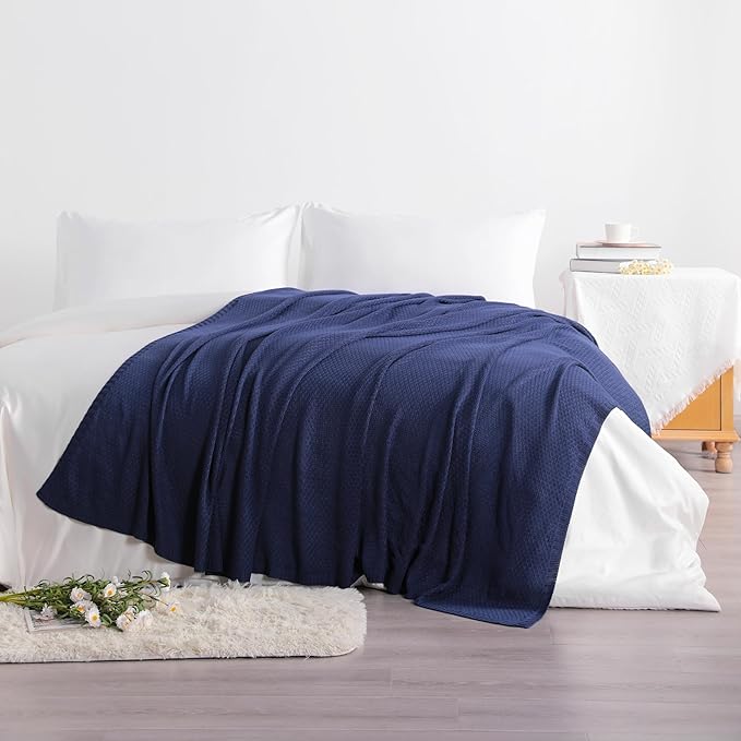 NTBAY Cable Knit Cooling Bed Blanket, Soft and Breathable Oversized Twin Bed Blanket 60x80 Inches Made from Rayon Derived from Bamboo for Bedroom, Travel, Navy Blue