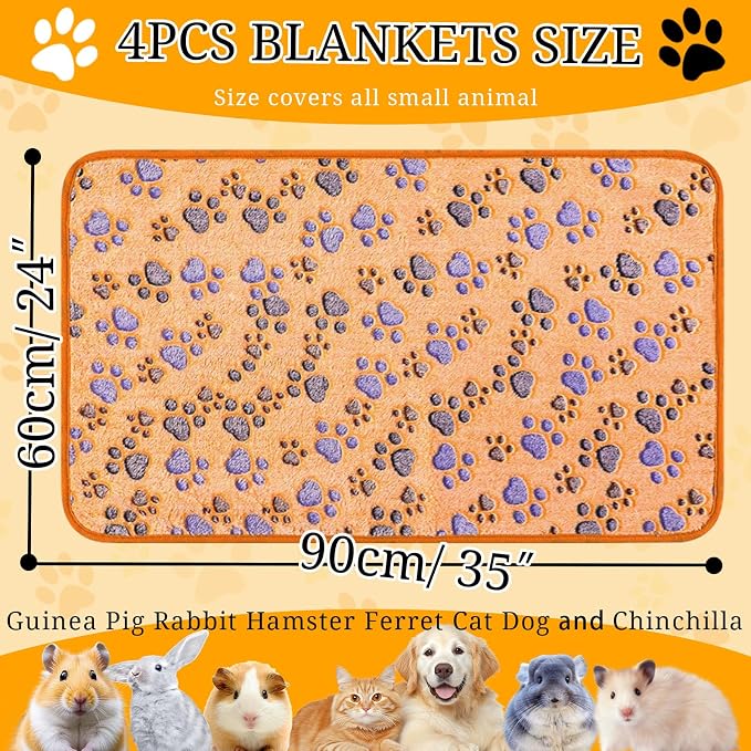 4 Pcs Washable Guinea Pig Bedding Absorbent Small Animal Cage Liners Reusable Guinea Pig Fleece Blankets Waterproof Pet Pee Pad Sleep Mat Pad Cover for Rabbit Ferret Chinchilla Hamster (24 x 35 Inch)