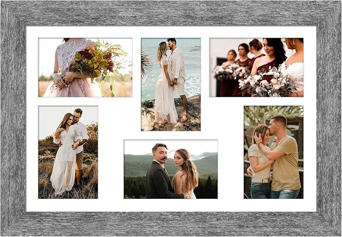 11x17 Picture Frame Display 6 picture frame collage 4x6,Multi Photo Frame with Mat,Plexiglass,Wall Mount Decor,Grey Wood Grain