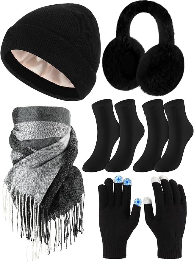 Geyoga 6 Pcs Winter Hat Scarf Gloves Set Knitted Touchscreen Gloves Plaid Scarf Earmuffs Socks Gift for Women Men