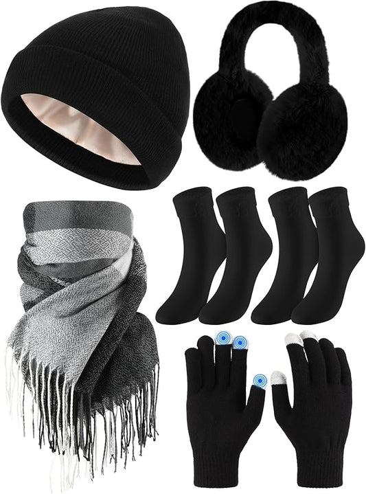 Geyoga 6 Pcs Winter Hat Scarf Gloves Set Knitted Touchscreen Gloves Plaid Scarf Earmuffs Socks Gift for Women Men