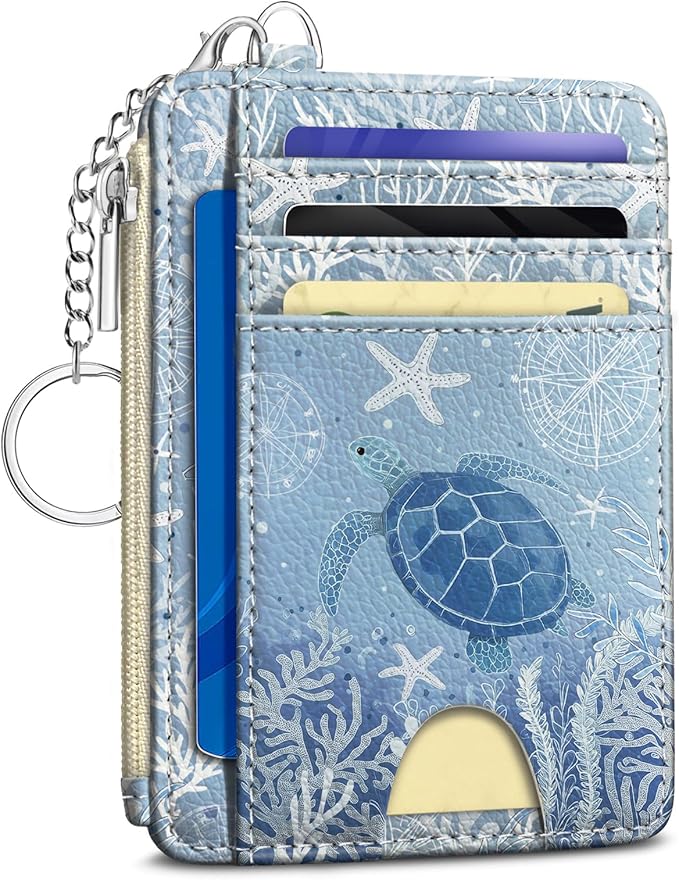 Kelvoris Credit Card Holder Small Wallet Women, Slim RFID, Sea Turtle | Keychain, Zipper Coin Pocket, Front Pocket Thin Travel Card Case, Minimalist, 6 Card Slots, 1 ID Window, Ladies Gifts Woman