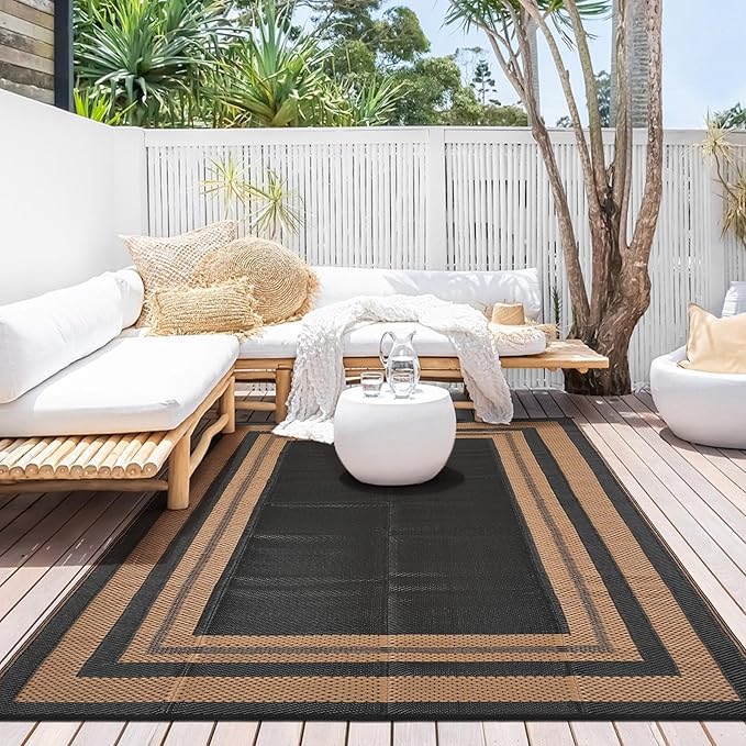 Patio Modern Border Outdoor Rug 10x14 Waterproof Large Reversible Camping Mat Foldable Lightweight Plastic Straw Outdoor Rug for Deck, Picnic, Porch, Camper, Balcony, Beach, Rv，Black/Brown