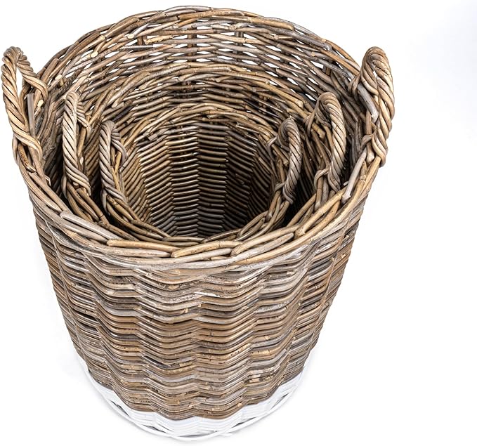 happimess BSK1000A-3SET Ternion Cottage Hand-Woven Rattan Nesting Wicker Storage Baskets w/ Handles, Seagrass Container for Decoration in Bedroom, Living Room, Laundry Room, Kubu Gray/White (Set of 3)