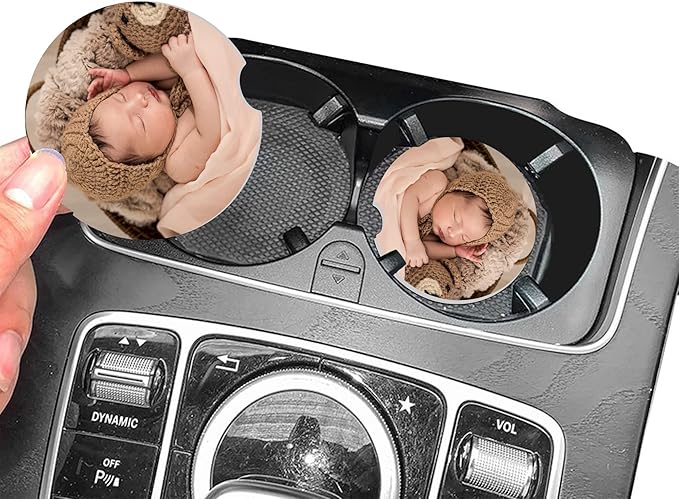 Custom Car Coasters – Customize Your Cup Holder Insert with Photo, Text, or Logo – Ceramic with Non-Slip Cork Base & Finger Notch, Personalized Car Decorations (Set of 2)
