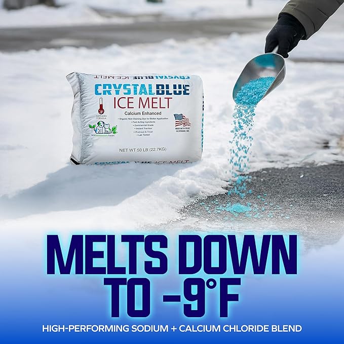 Snow Joe Crystal Blue Snow & Ice Melter, Heat-Generating Crystals, 50 Lb Bag - Fast-Acting Commercial Deicer and Remover for Concrete, Driveway, Sidewalk, and Outdoor Spaces