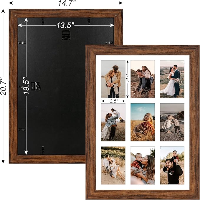 13.5x19.5 Picture Frame Display 9 opening 4X6 Picture Frame Collage,Multi Photo Frame with Mat,Plexiglass,Wall or Tabletop Decor,Carbonized Brown Wood Grain