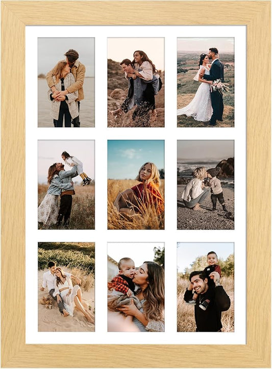 13.5x19.5 Picture Frame Display 9 opening 4X6 Picture Frame Collage,Multi Photo Frame with Mat,Plexiglass,Wall or Tabletop Decor,Natural Wood Grain
