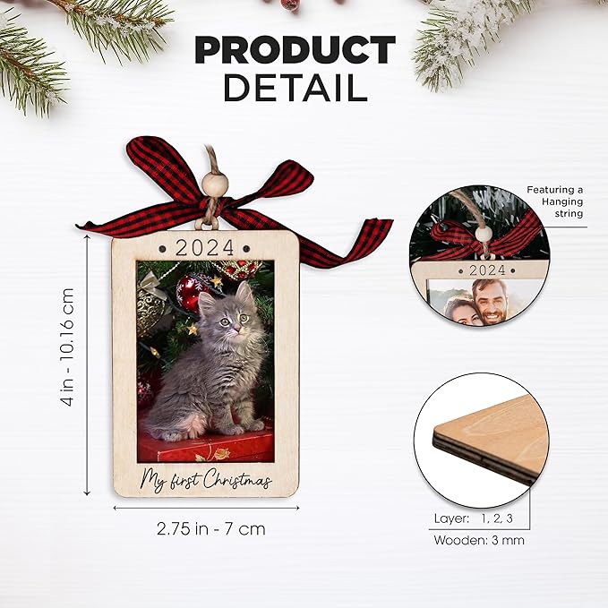 Christmas Photo Frame Ornament, 2025 Ornament, Wooden Picture Frame Ornaments With Hanging String (Cat)