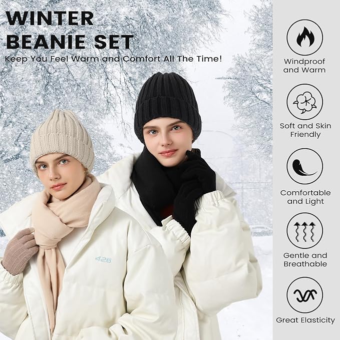 Women Winter Hat Beanie+Long Scarf+Touch Screen Gloves Set, Warm Clothes Set with Knit Fleece Lined for Women/Men Winter