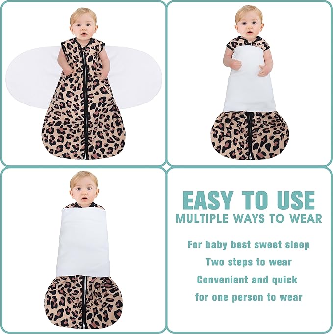 Newborn Sleep Sack Baby Swaddle,3-Way Adjustable Wearable Blanket,100% Rayon Cotton Swaddling Sleeping Bag，TOG 0.5 (Leopard & Cobble, 3-6 Months)