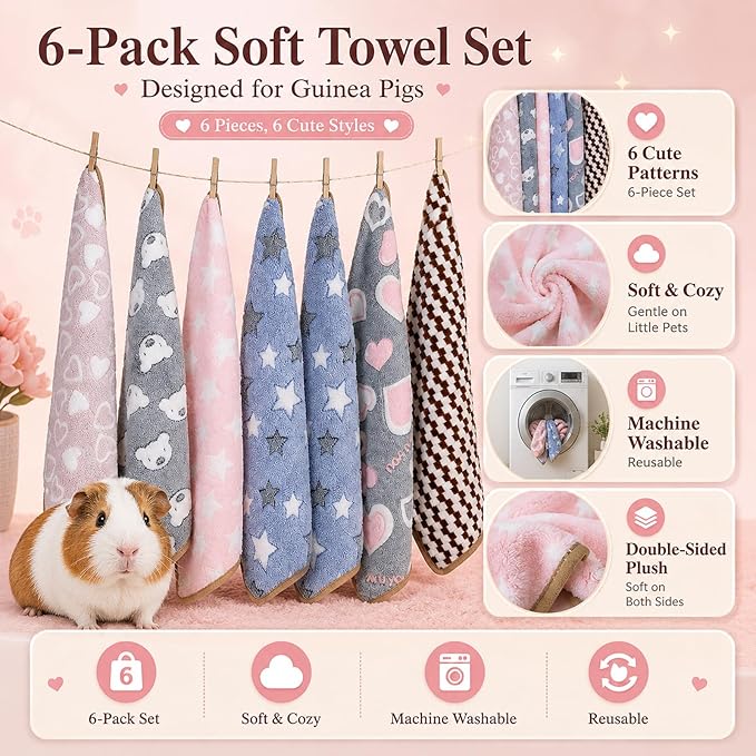 Grddaef Guinea Pig Fleece Blankets 6 Pieces Waterproof & Washable Small Animal Cage Liners Sleep Mat Bedding Pad for Hamster Chinchilla Rabbit Hedgehog (S-7.9 x 7.9 Inch)