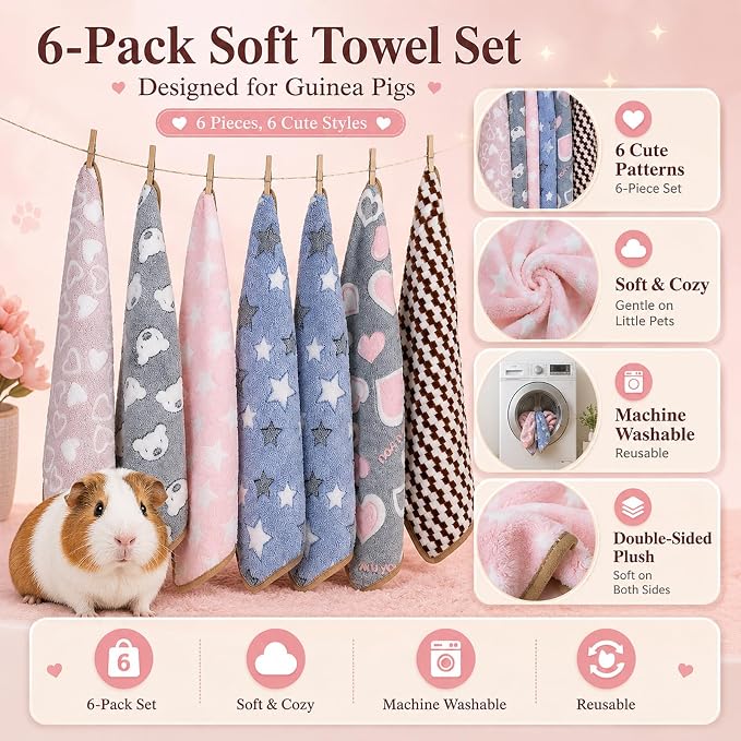 Grddaef Guinea Pig Fleece Blankets 6 Pieces Waterproof & Washable Small Animal Cage Liners Sleep Mat Bedding Pad for Hamster Chinchilla Rabbit Hedgehog (M-24 x 16 Inch)