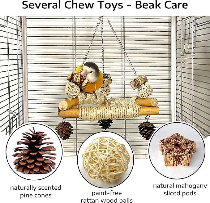 Bird Swing for Cage with Chew Toys, 3 Sisal-Wrapped Stable Perches(S) | Stable Triangle Design Parrot Perch Swing, Wooden Hanging Parakeet Toys for Cockatiel Lovebird Conure Quaker Balance Training
