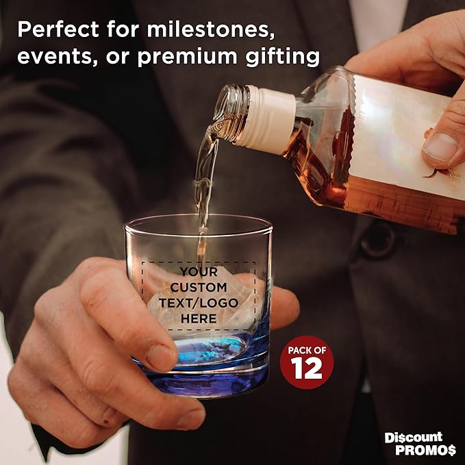 Custom Lexington Rocks Whiskey Glass 10.5 oz, Set of 12, Personalized Bulk Pack - Perfect for Scotch, Bourbon, Whiskey, Cocktail - Blue