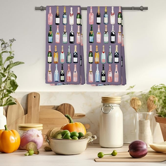 Purple Champagne Kitchen Towels Set of 2, Champagne Accessories Home Bar Bathroom Decor, Champagne Gifts for Women, Cocktail Gift Bachelorettes Decorative Tea Dish Towels 16x24 Inch