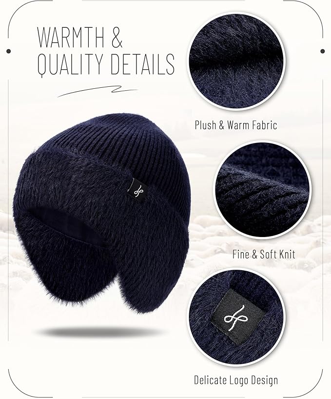 Winter Fleece-Lined Beanie with Earflaps, Warm Windproof Unisex Beanie Hat for Skiing, Hiking & Outdoor Winter Sports