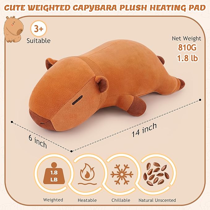 1.8lb Capybara Stuffed Animals Plush Microwavable Heating Pad-14'' Capybara Plush Heating Pads for Cramps &Period Pain Relief, Heatable & Coolable Stuffed Animals Bedtime Birthday Gift for Women Kids
