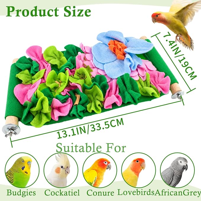 FlidRunest Bird Cotton Fabric Foraging Mat, Parrot Foraging Hammock Bed | Parakeet Enrichment Toy With Hidden Treat Flowers, Soft Fleece Feeding Mats Puzzle for Budgies, Conure