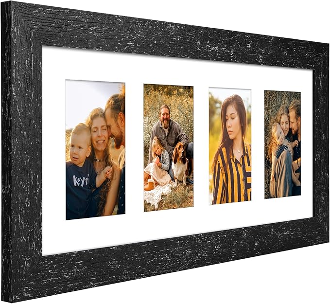 8x20 Picture Frame Display 4 opening 4X6 Picture Frame Collage,Multi Photo Frame with Mat,Plexiglass,Wall or Tabletop Decor,Black Wood Grain
