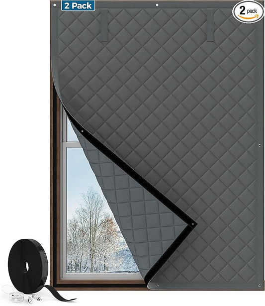 2 Pack Window Insulation for Winter, Curtain Size 42 x 32 Inch, Thermal Insulated Window Cover Kit, Oxford Cloth Thick Cotton Filled, Fits up to 40'' × 30'' Windows, Grey