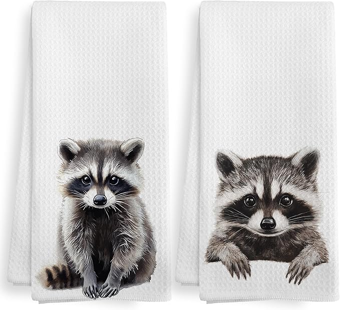 Funny Raccoon Kitchen Towels and Dishcloths Sets of 2, Raccoon Decor Gifts, Woodsy Rustic Cabin Lodge Forest Animal Nursery Home Decor Dish Hand Tea Towels for Bathroom Kitchen, 16x24 Inches