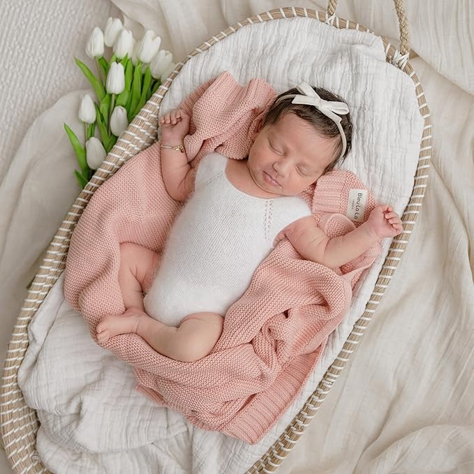 Heritage Knit Organic Receiving Swaddle Blanket for Girls - 100% Luxury Organic Cotton Soft Knit Warm Cozy Cuddle Blanket for Newborns Infants & Toddlers (0-2Yrs - Blush Pink)