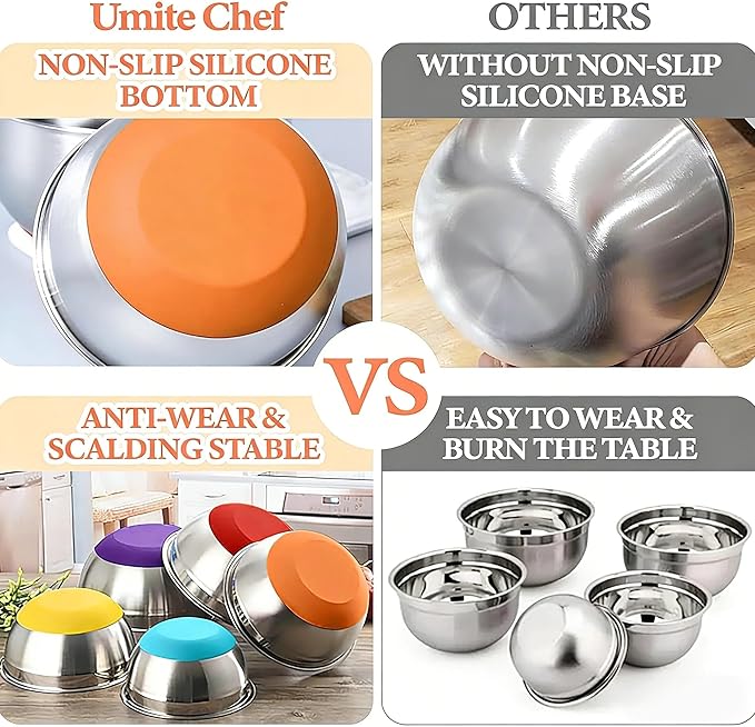Umite Chef Mixing Bowls with Lids Set, 26Pcs Colorful Stainless Steel Bowls Set, Nesting Bowls with Grater Attachments, Large Kitchen Bowls Set with Non-Slip Bottoms for Mixing & Serving