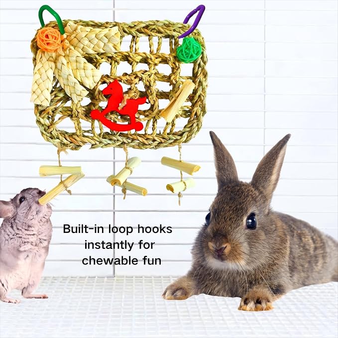 Rabbits Chew Toy, Bunny Cage Hanging Chew Toys and Treats | Grass With Sweet Bamboo, For Guinea Pigs, For Chinchillas, For Hamsters, For Rats