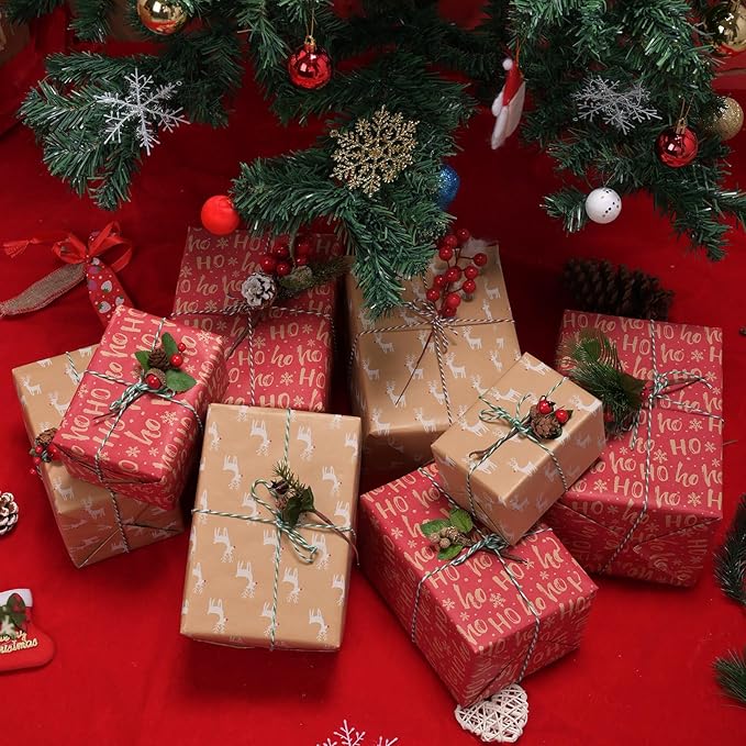AhfuLife 2 Rolls Christmas Wrapping Paper - 17 Inch × 49.2 Feet Per Roll, Recyclable Red Brown Kraft Xmas Wrapping Paper Roll for Kids Christmas Gift Box Birthday Party Decoration -138 sq. ft. ttl