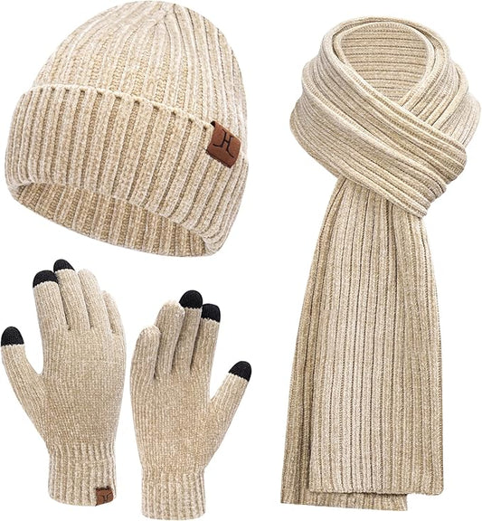 Womens Winter Knit Warm Hat Beanie Long Scarf Touch Screen Gloves Set Skull Caps Neck Scarves for Women