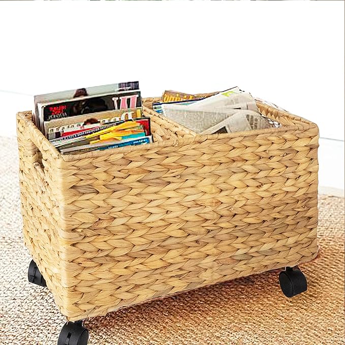 PEMAR Rolling Wicker Storage Basket Set of 2 – Natural Water Hyacinth & Seagrass Bins on Wheels with Removable Divider & Insert Handles – Nesting Design for Under Desk, Home & Office Organization