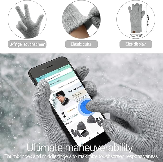 Womens Winter Warm Knit Beanie Hat Long Scarf Touchscreen Gloves Set with Fleece Lined Pom Skull Cap Gifts for Women