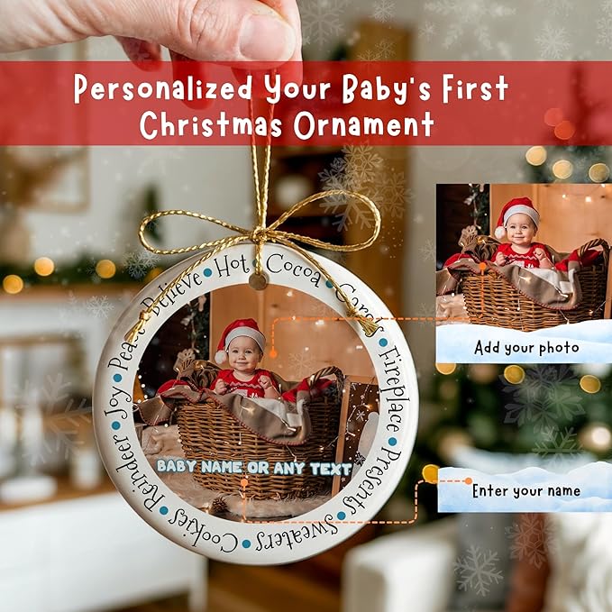 Personalized Photo Christmas Ornament 2025 for Baby's First Christmas Personalized Ceramic Keepsake with Name & Date Newborn Boy Girl Gift Idea