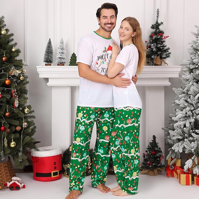 Christmas Pajamas for Family Matching Holiday PJ's Jammies Sets with Short Sleeve Tee and Pants Sleepwear Loungewear