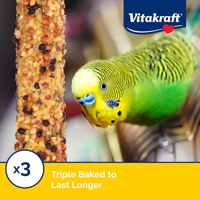 Vitakraft Crunch Sticks Parakeet Treat - Triple-Baked Millet Parakeet Treats with Natural Wood Center - Crunchy & Nutritious Bird Treat Sticks for Small Animals (12 Count, Honey, Egg, and Apple)