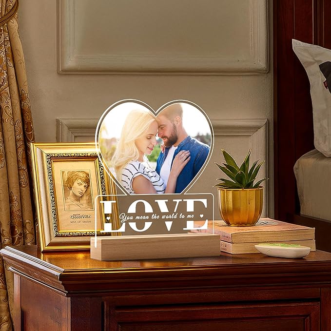 Personalized Picture Frame with Photo, Custom Photo Frame with Night Light, Customized Gifts for Girlfriend Boyfriend, Personalized Christmas Anniversary Couple Gifts for Women Men Her Him Wife
