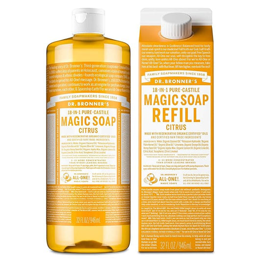 Dr. Bronner's Pure-Castile Magic Soap Liquid, Citrus, Made with Organic Oils for Body, Face, Hair, Dishes, Laundry, Vegan Bath Soaps for Men & Women, Non-GMO, 18-in-1 Multi-Use - Citrus, 32oz + Refill