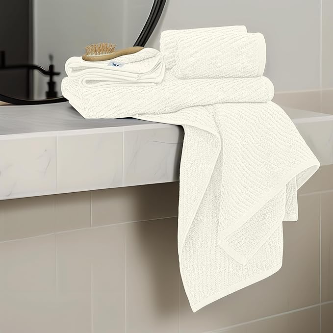 Tens Towels Pack of 6 Zero Twist Towels Set, 2 Bath, 2 Hand, 2 Waschloths, 100% Cotton, Light Weight, Extra Absorbent, Exceptional Softness, Perfect for Bathroom (Ivory)