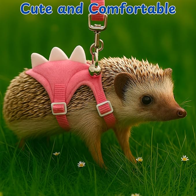 Hedgehog Leash and Harness Clothes Accessories, Adjustable Leash and Harness with Safe Bell, Dinosaur Shaped Outfit, Hamster Clothes For Ferret Hamster, Hedgehog Accessories, Guinea Pig Outfits (Pink)