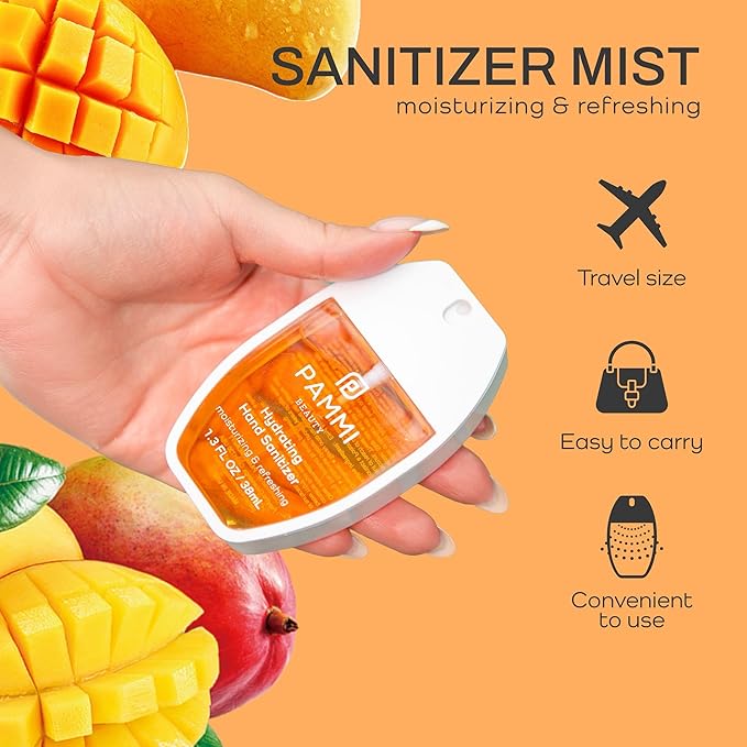 PAMMI Power Mist Hydrating Hand Sanitizer Spray, Portable Travel Size Pocket Hand Sanitizer, Scented Handsanitizer Mini Spray For Car - 600 Sprays (2 Packs (Mango))