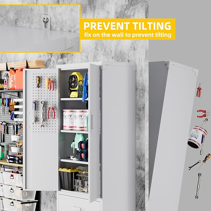 Garage Storage Cabinet with 2 Drawers and Pegboard, Metal Storage Cabinet with 2 Lockable Doors for Garage Home Warehouse,Required Assembly,White,71.2" H*15.2" D*30" W