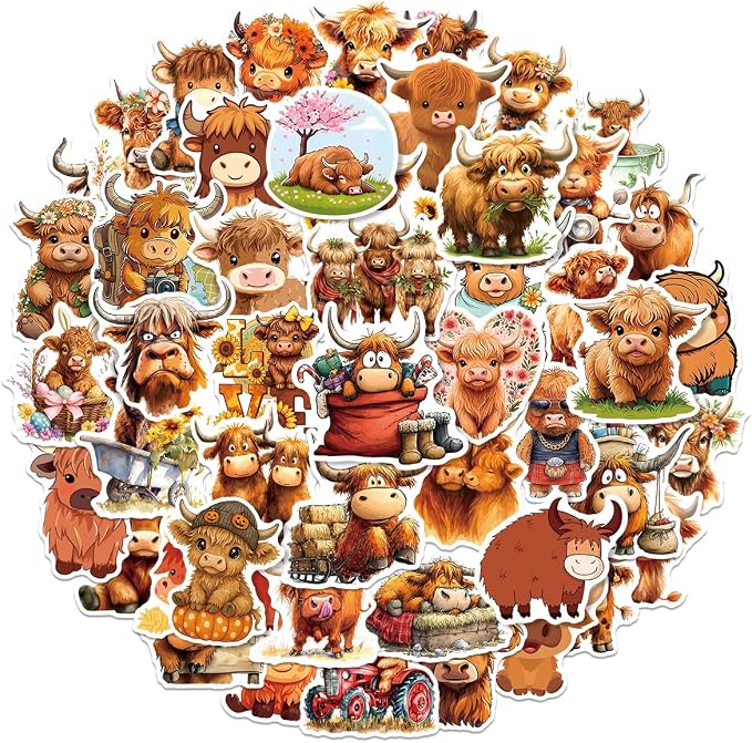 50Pcs Yak Stickers, Cute Cattle Stickers for Kids Teens, Vinyl Cartoon Highland Cow Sticker for Water Bottle Laptop Scrapbook Decor Incentive School Classroom Rewards Gift Party Favor Supplies
